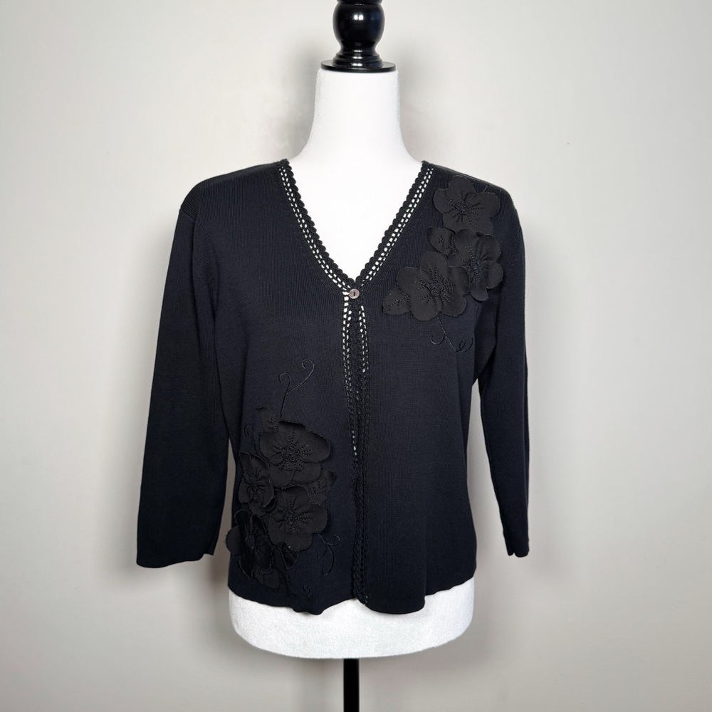 Whimsigoth Black 3/4 Sleeve Cardigan with Floral Appliqué